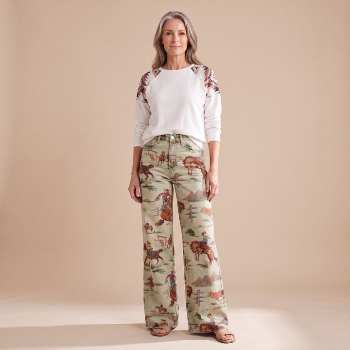 Women's Vintage Western Print High-Waist Wide Leg Pants - Beige