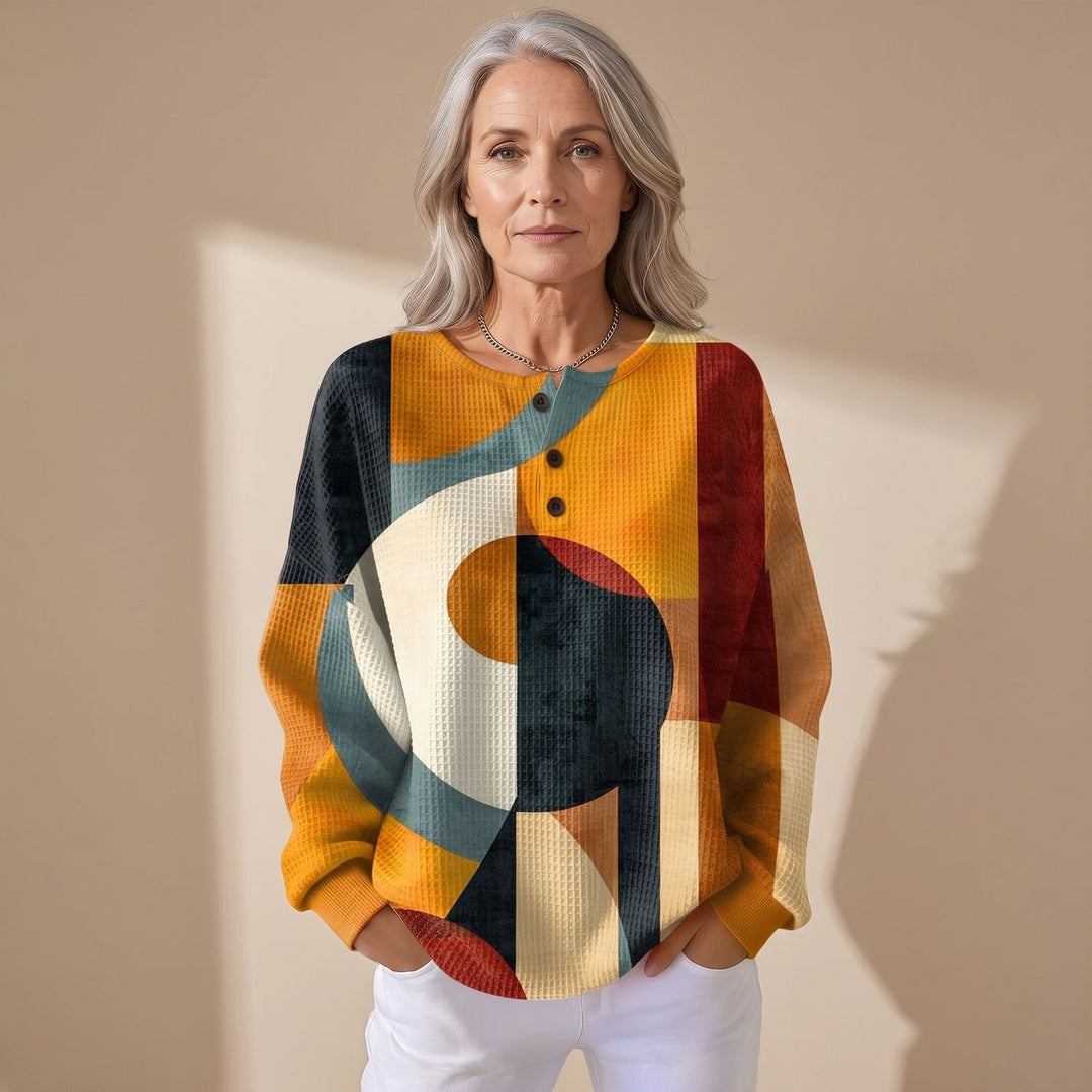 Women's Waffle Knit Geometric-Print Button-Neck Pullover Sweater - Orange