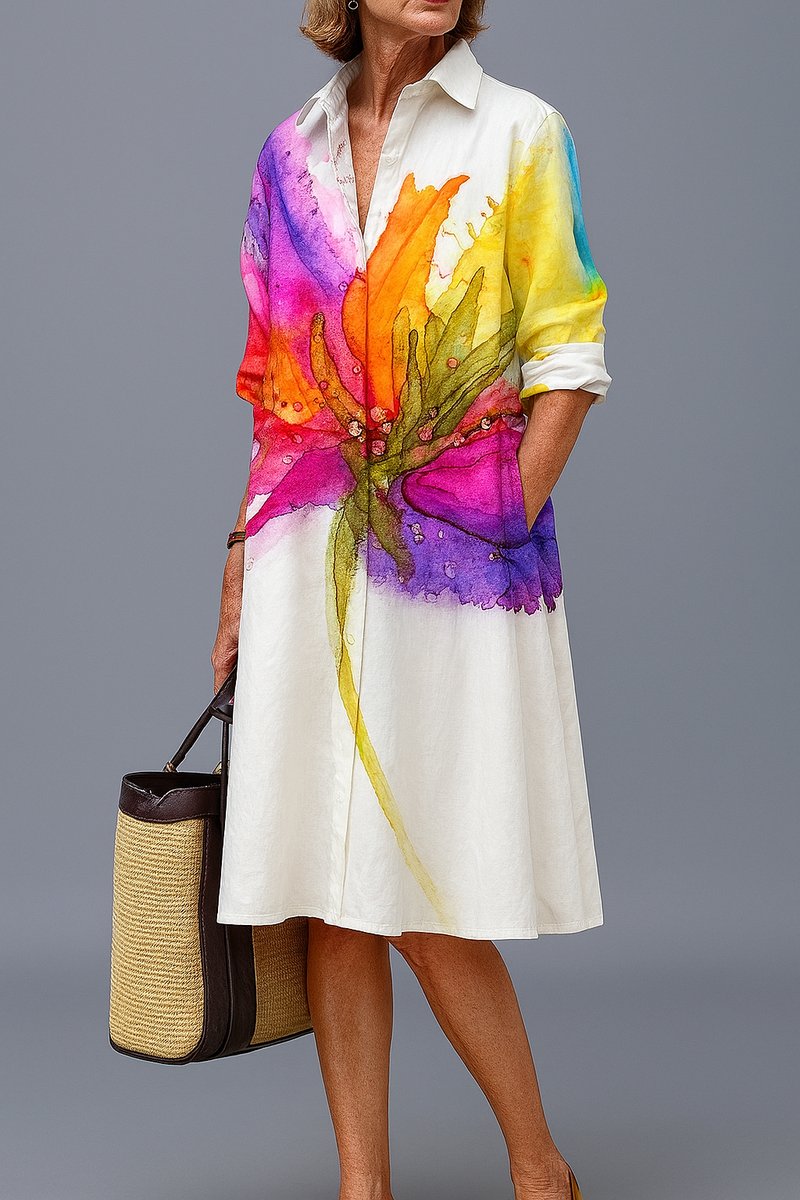Women's Watercolor Floral Print Midi Shirt Cocktail Dress - White