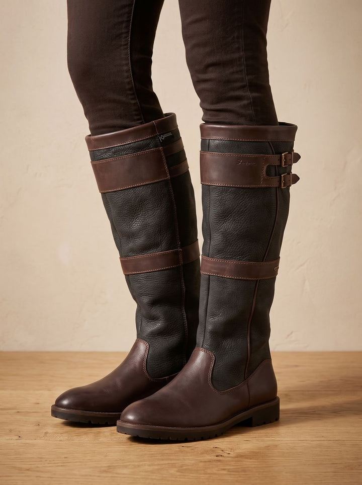 Women's Waterproof Double-Buckle Knee-High Pull-On Boots - Coffee