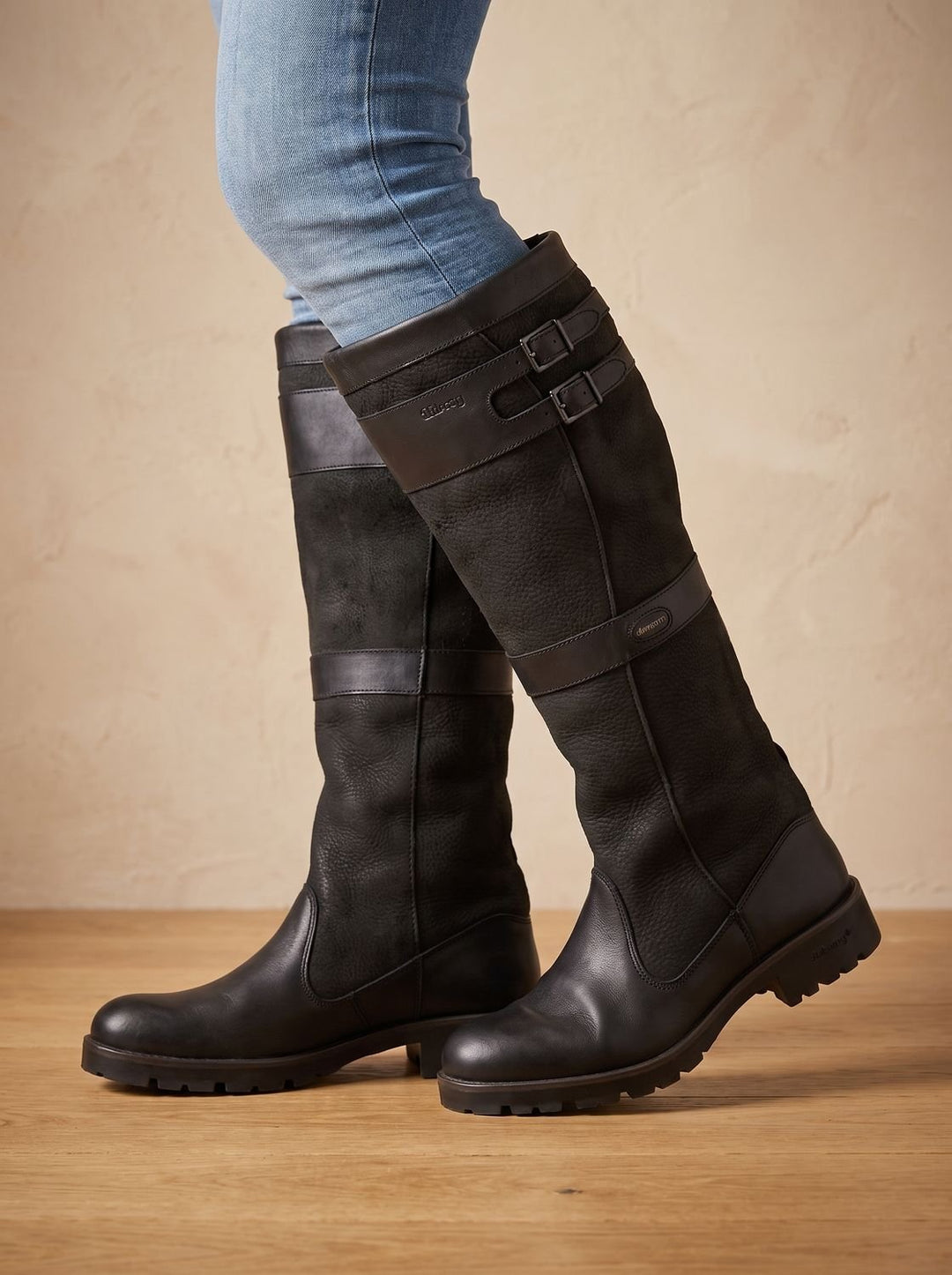 Women's Waterproof Double-Buckle Knee-High Pull-On Boots - Black