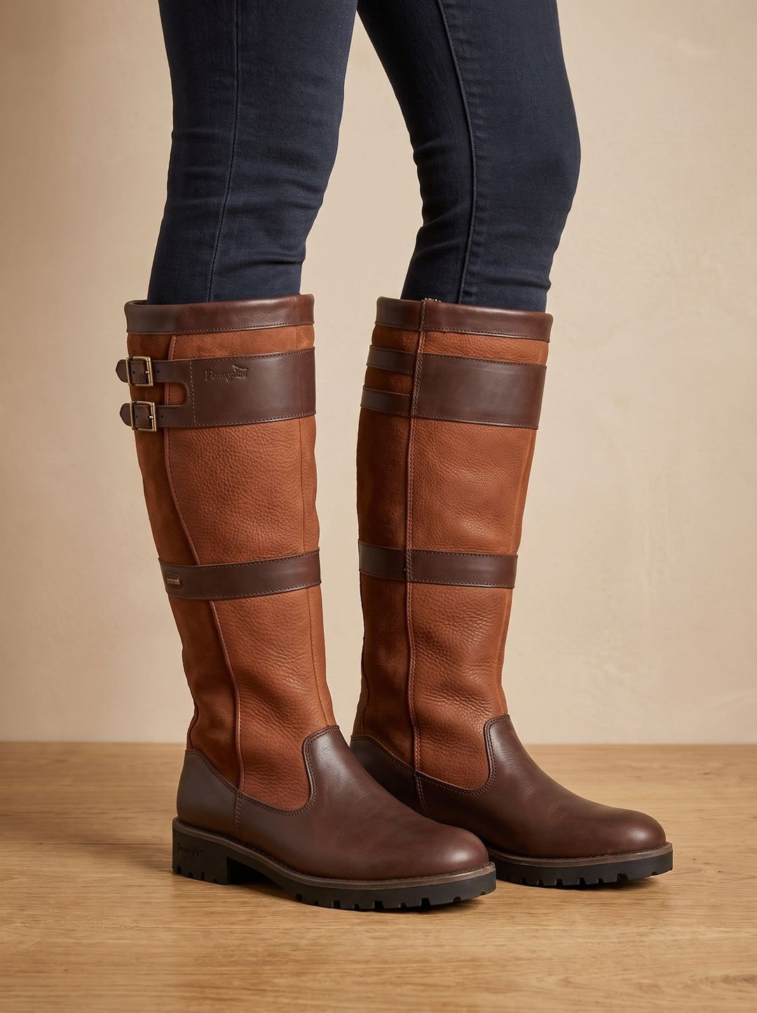Women's Waterproof Double-Buckle Knee-High Pull-On Boots - Brown
