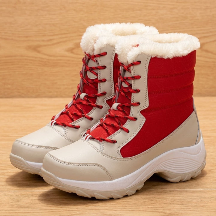 Women's Waterproof Faux-Fur Lined Lace-Up Snow Boots - Red