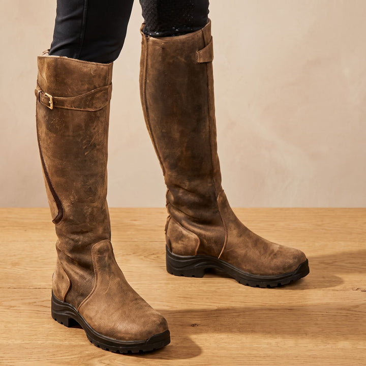Women's Waterproof Full-Grain Leather Tall Riding Boots - Brown