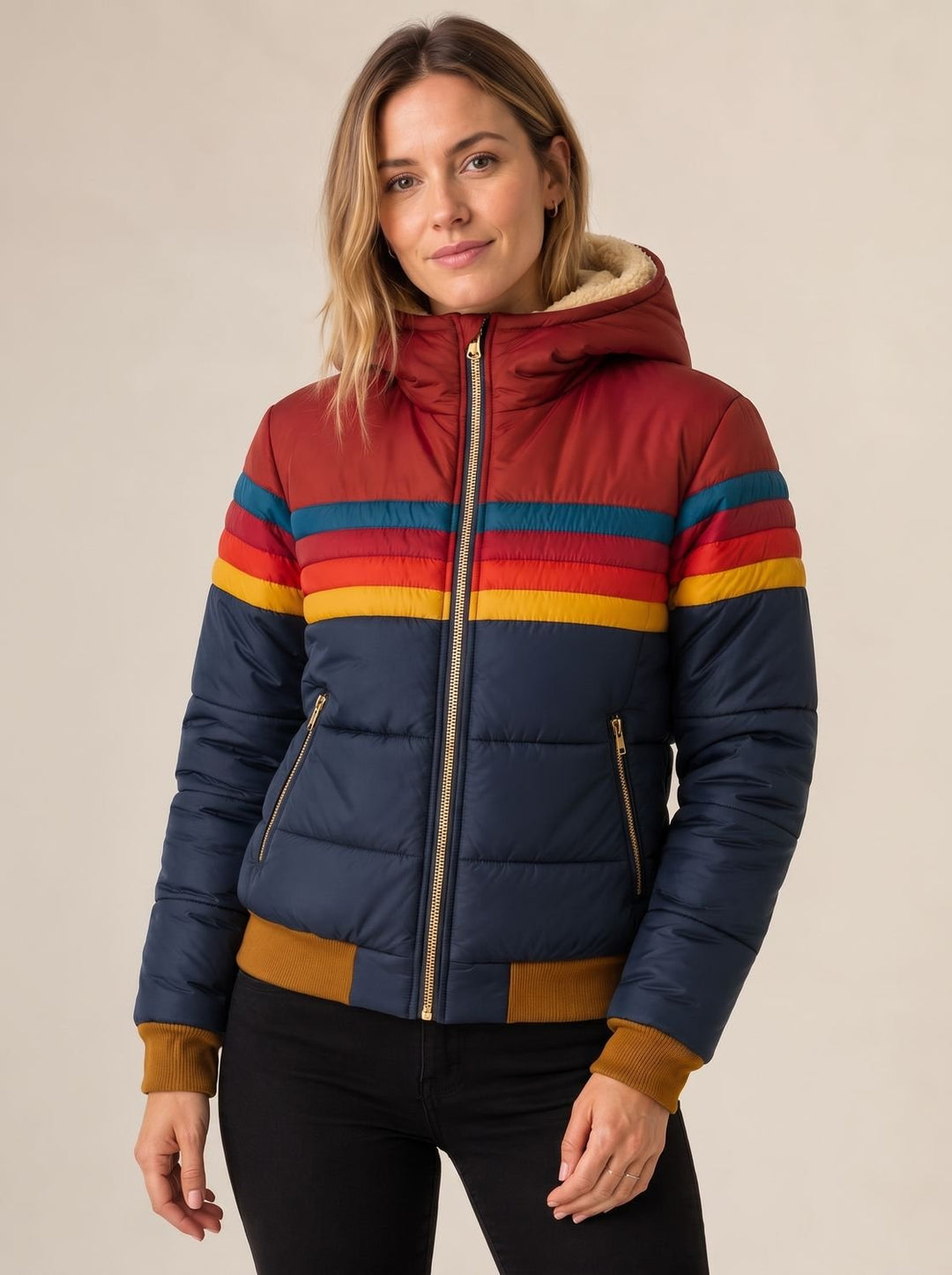 Women's Waterproof Hooded Puffer Jacket Retro Stripe Color-Block - Navy