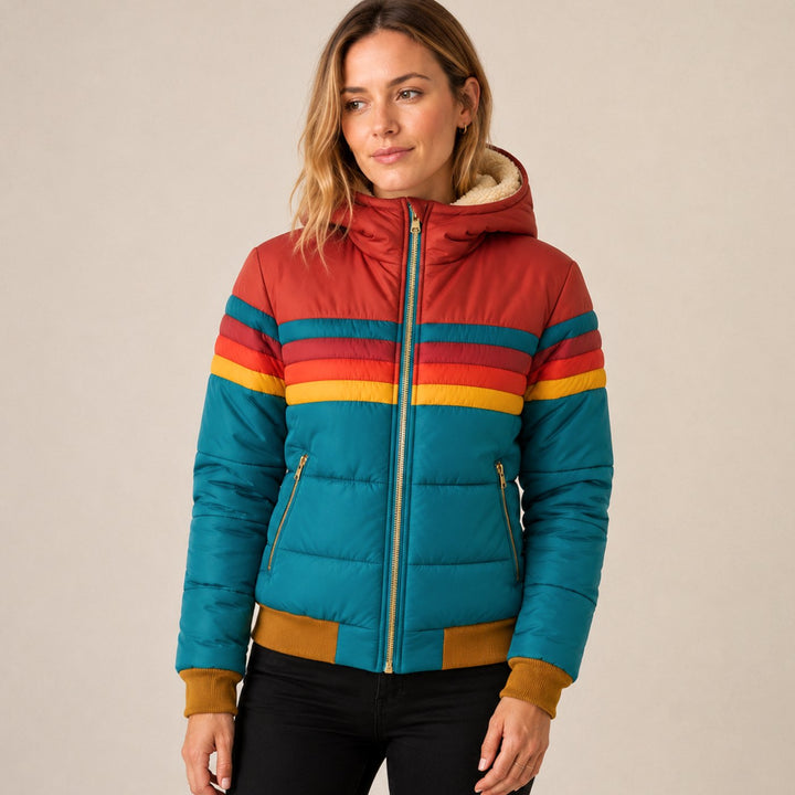 Women's Waterproof Hooded Puffer Jacket Retro Stripe Color-Block - Blue