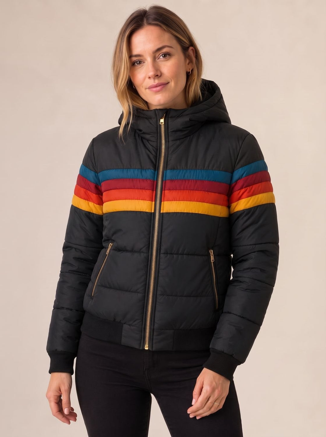 Women's Waterproof Hooded Puffer Jacket Retro Stripe Color-Block - Black