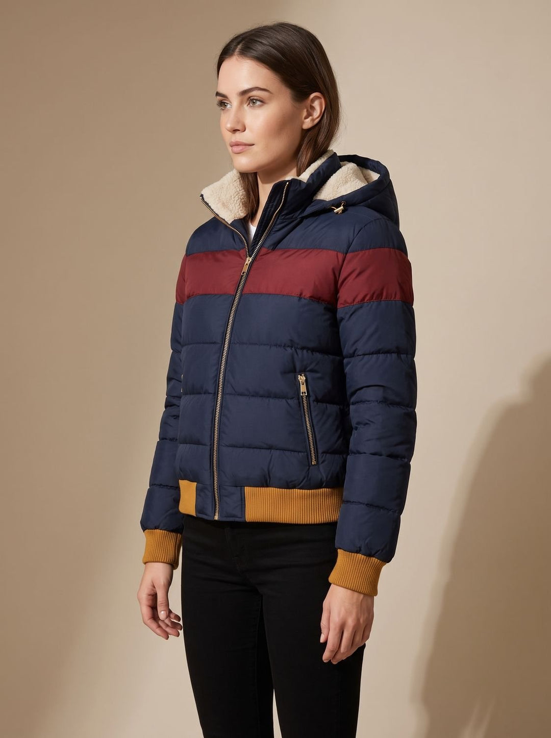 Women's Waterproof Hooded Puffer Jacket Retro Stripe Color-Block