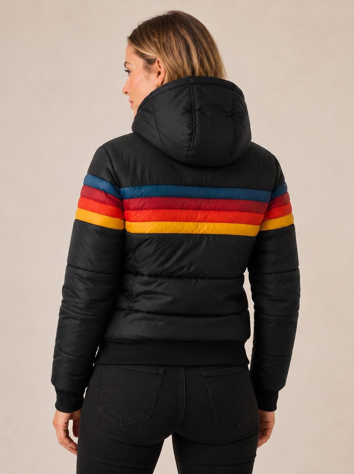 Women's Waterproof Hooded Puffer Jacket Retro Stripe Color-Block