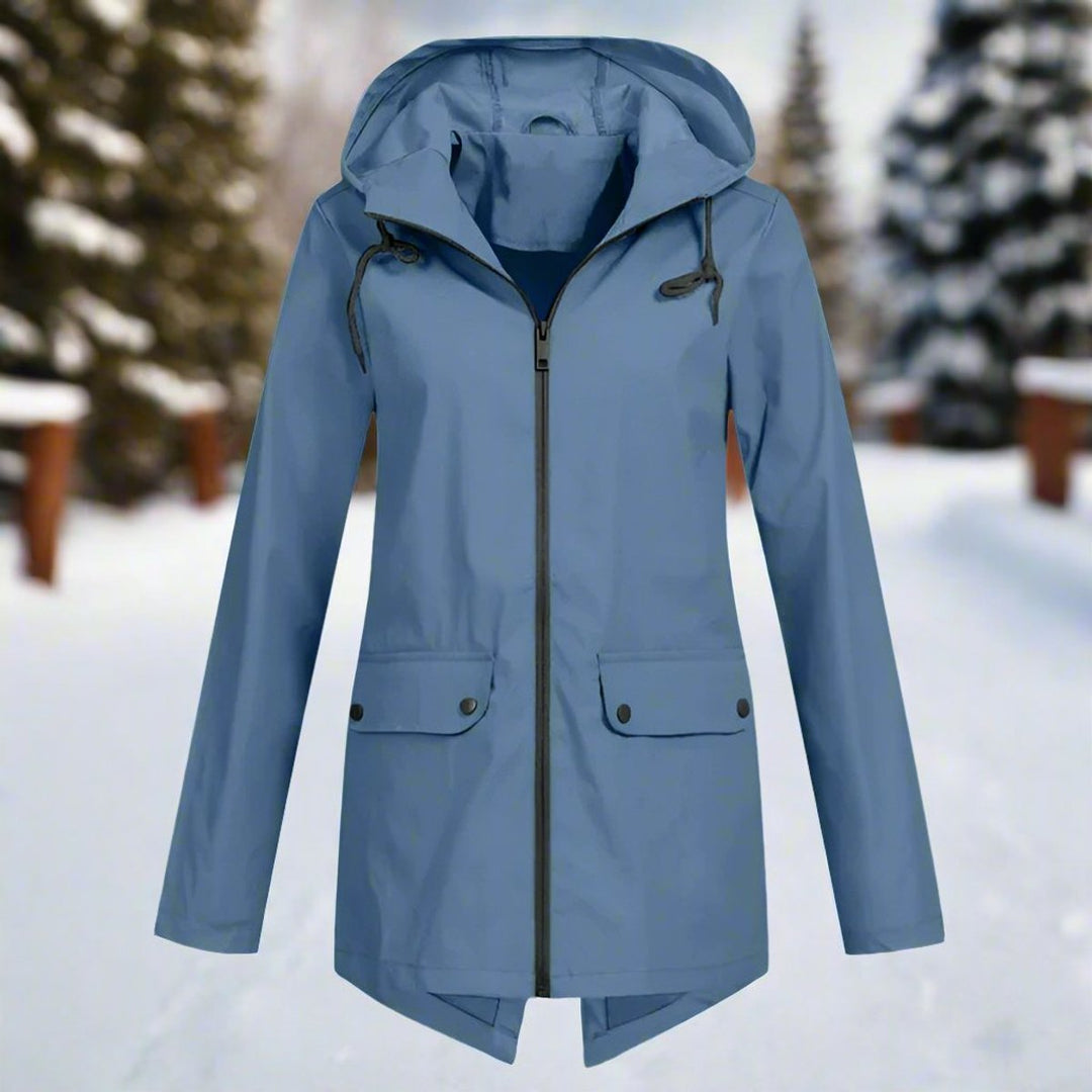 Women's Waterproof Hooded Rain Jacket Zip-Up Longline - Blue