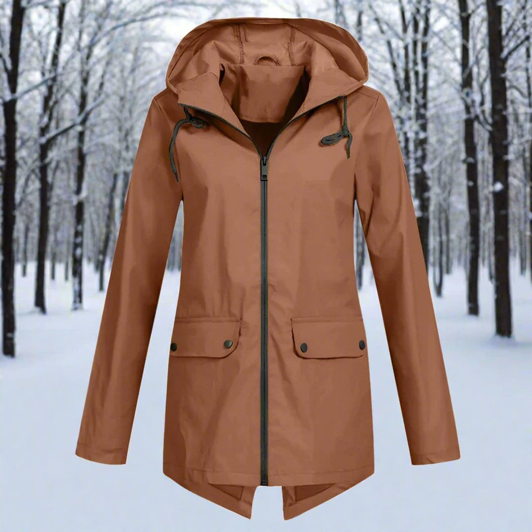 Women's Waterproof Hooded Rain Jacket Zip-Up Longline - Coffee