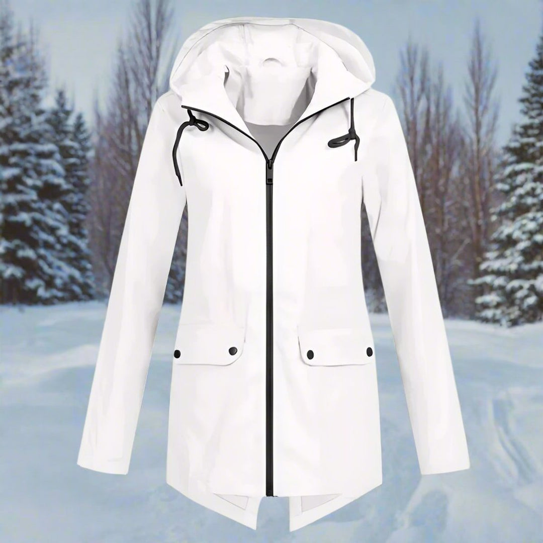Women's Waterproof Hooded Rain Jacket Zip-Up Longline - White