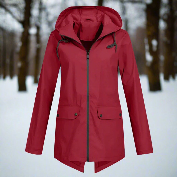 Women's Waterproof Hooded Rain Jacket Zip-Up Longline - Wine Red