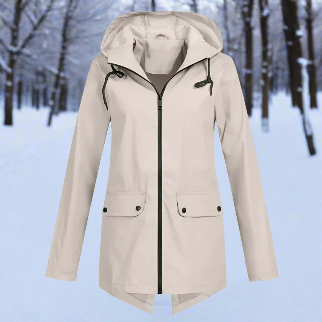 Women's Waterproof Hooded Rain Jacket Zip-Up Longline - Apricot