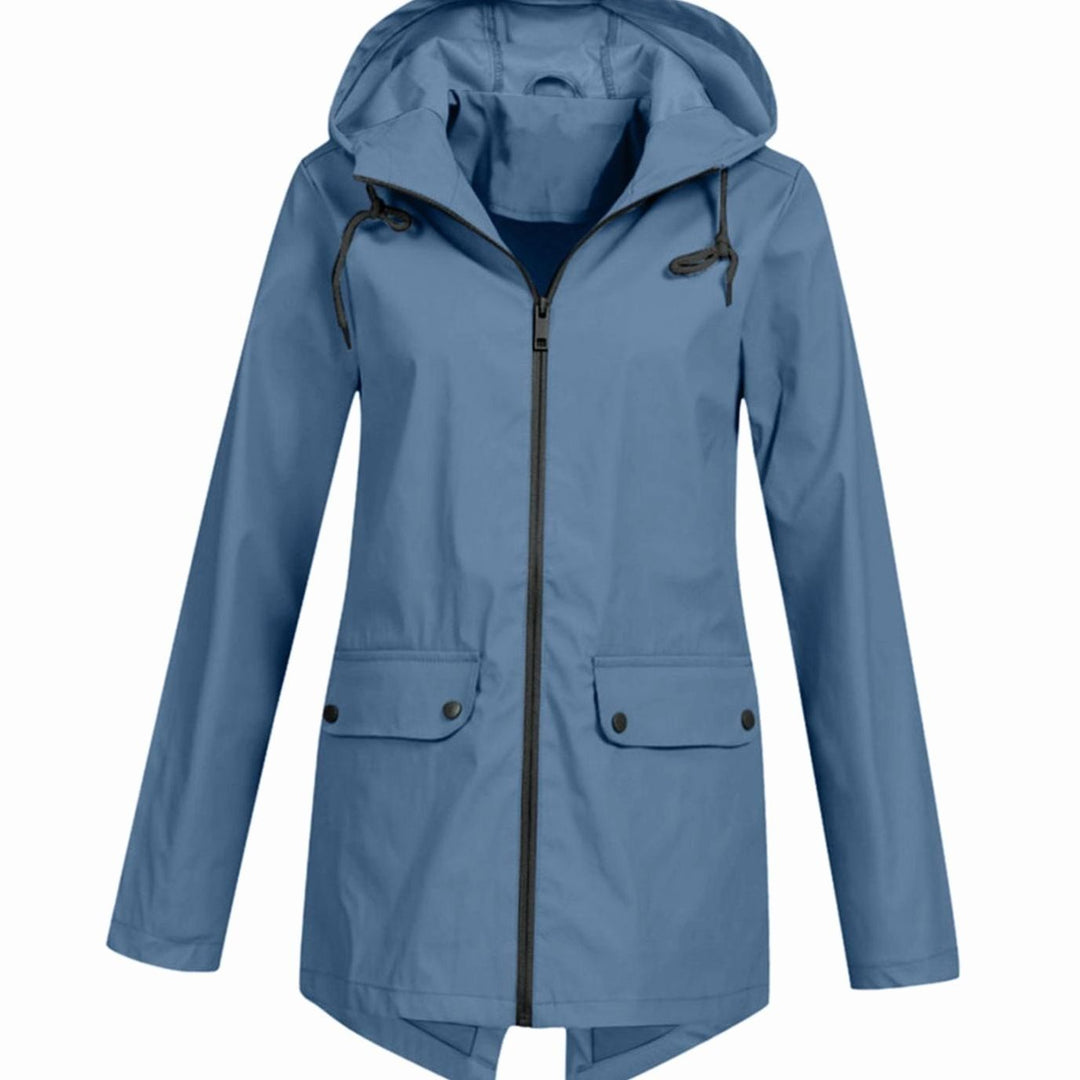 Women's Waterproof Hooded Zip-Up Rain Jacket Flap Pockets - Blue