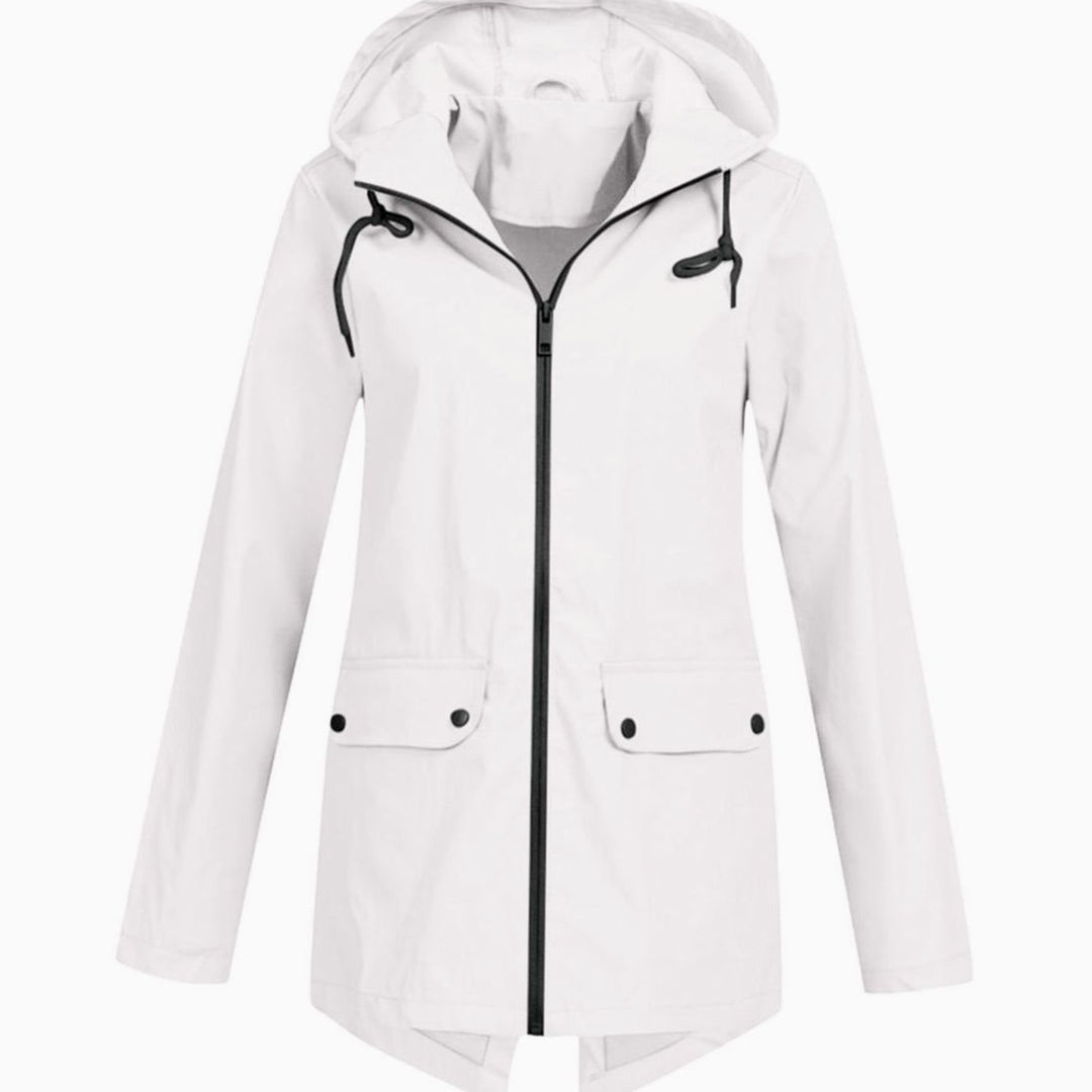 Women's Waterproof Hooded Zip-Up Rain Jacket Flap Pockets - White