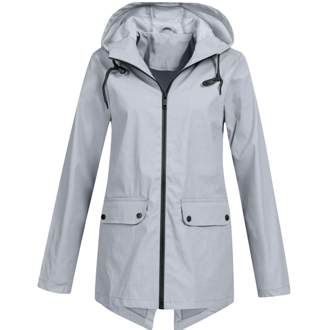 Women's Waterproof Hooded Zip-Up Rain Jacket Flap Pockets - Grey