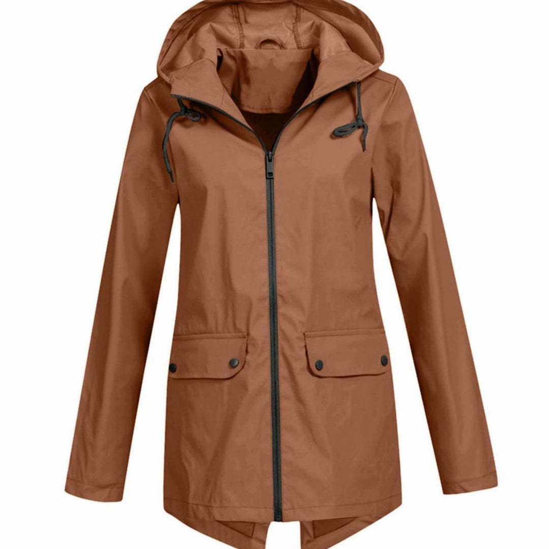 Women's Waterproof Hooded Zip-Up Rain Jacket Flap Pockets - Coffee