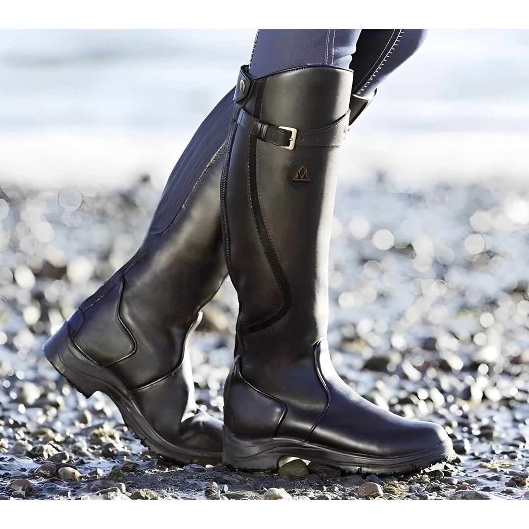 Women's Waterproof Leather Knee High Boots Buckle Strap Riding - Black