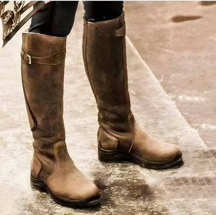 Women's Waterproof Leather Knee High Boots Buckle Strap Riding - Brown