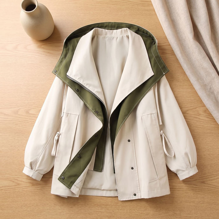 Women's Waterproof Windbreaker Rain Jacket Relaxed-Fit Two-Tone Hood - White