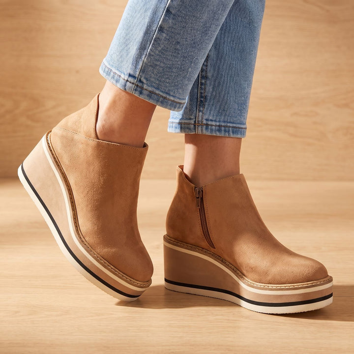 Women's Wedge Heeled Ankle Boots Side-Zip Low Heel - Khaki