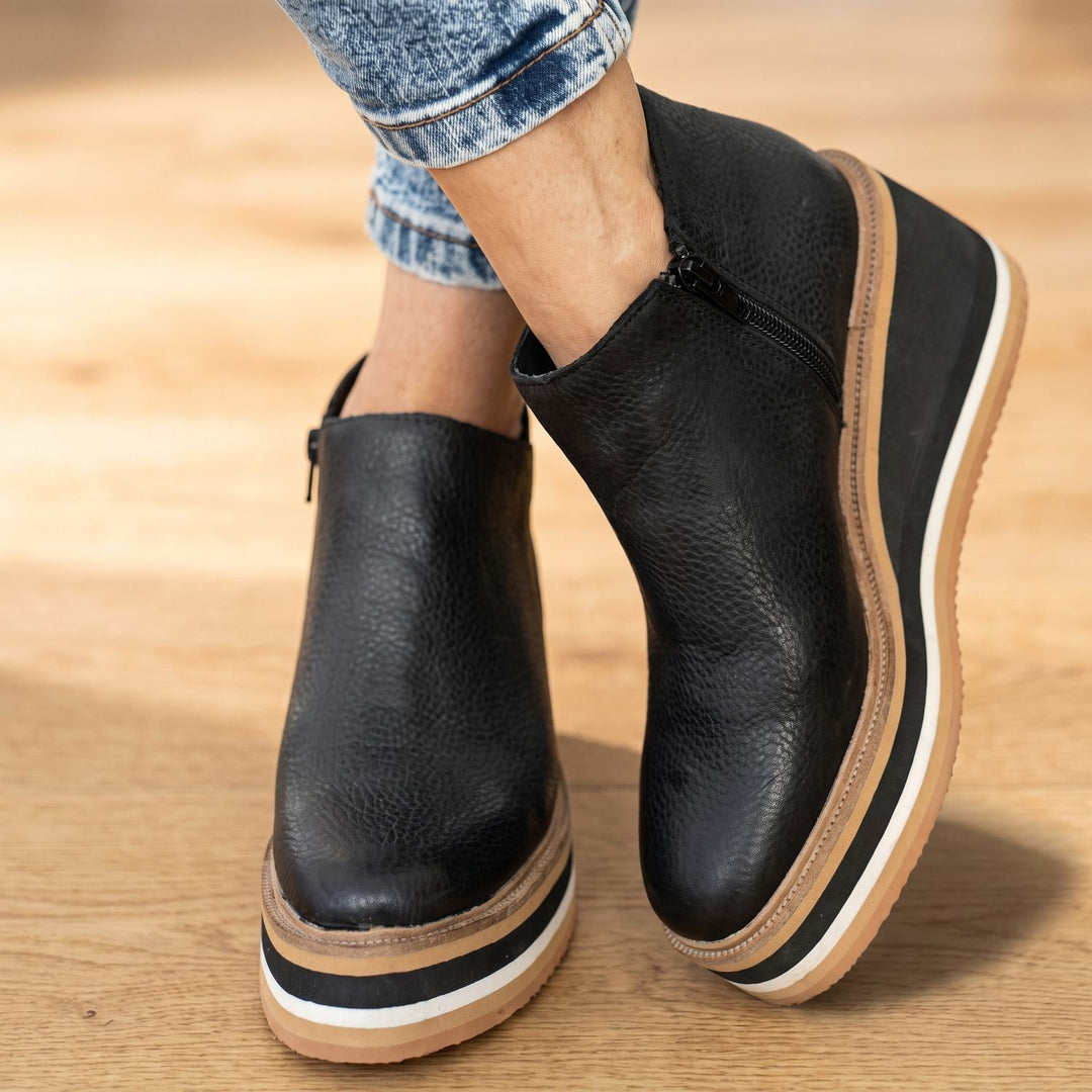 Women's Wedge Heeled Ankle Boots Side-Zip Low Heel - Black
