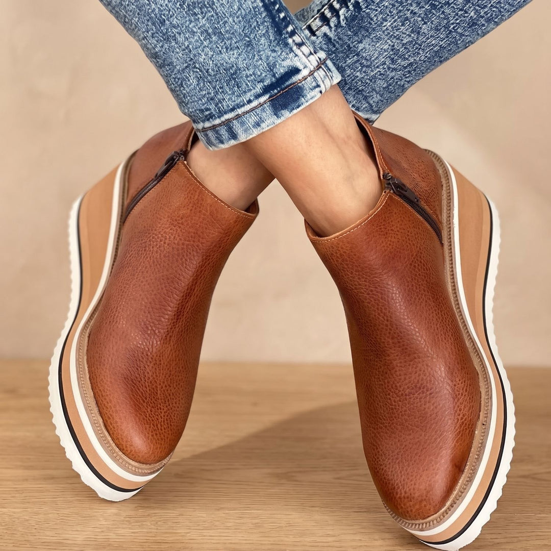 Women's Wedge Heeled Ankle Boots Side-Zip Low Heel - Brown