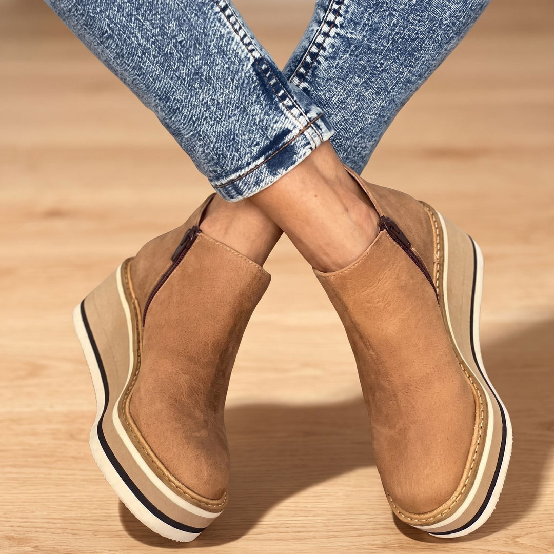 Women's Wedge Heeled Ankle Boots Side-Zip Low Heel