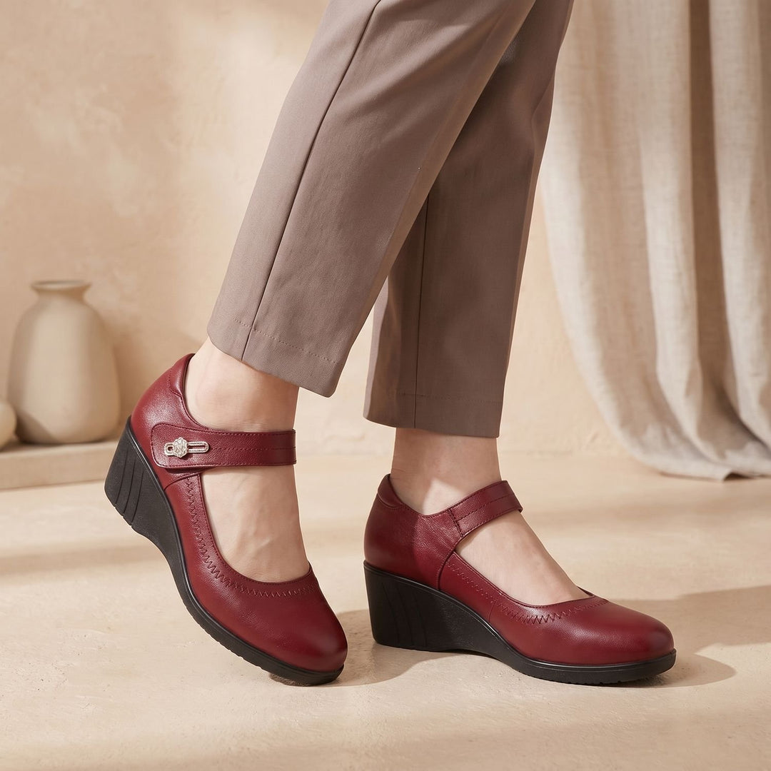 Women's Wedge Mary Jane Comfort Shoes Adjustable Strap - Red