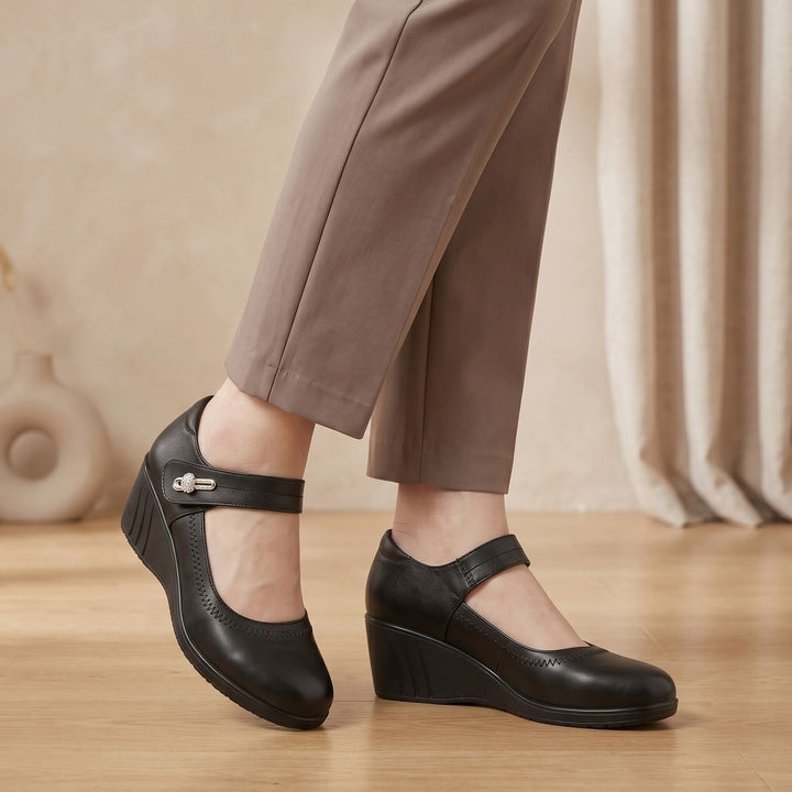 Women's Wedge Mary Jane Comfort Shoes Adjustable Strap - Black