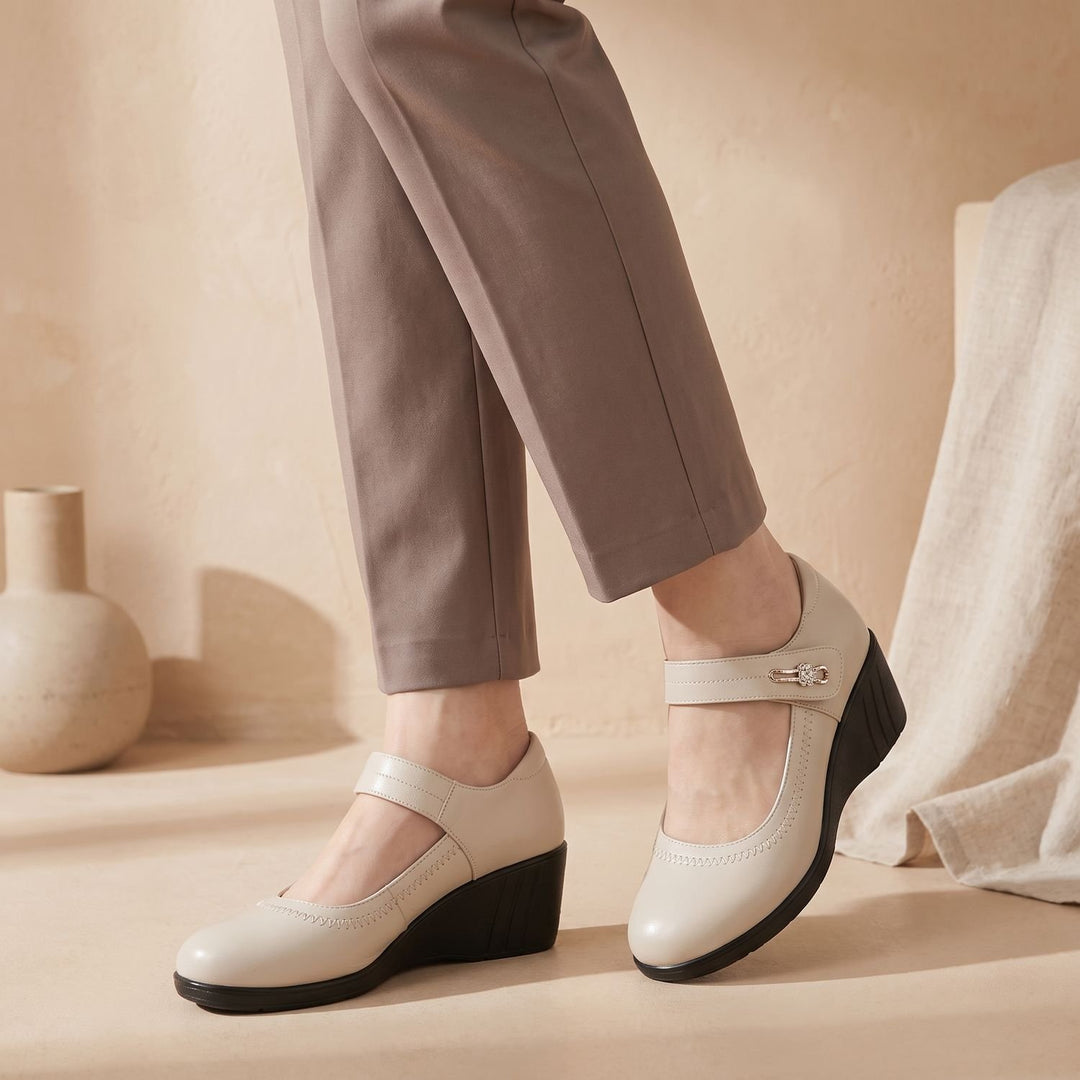 Women's Wedge Mary Jane Comfort Shoes Adjustable Strap - Beige
