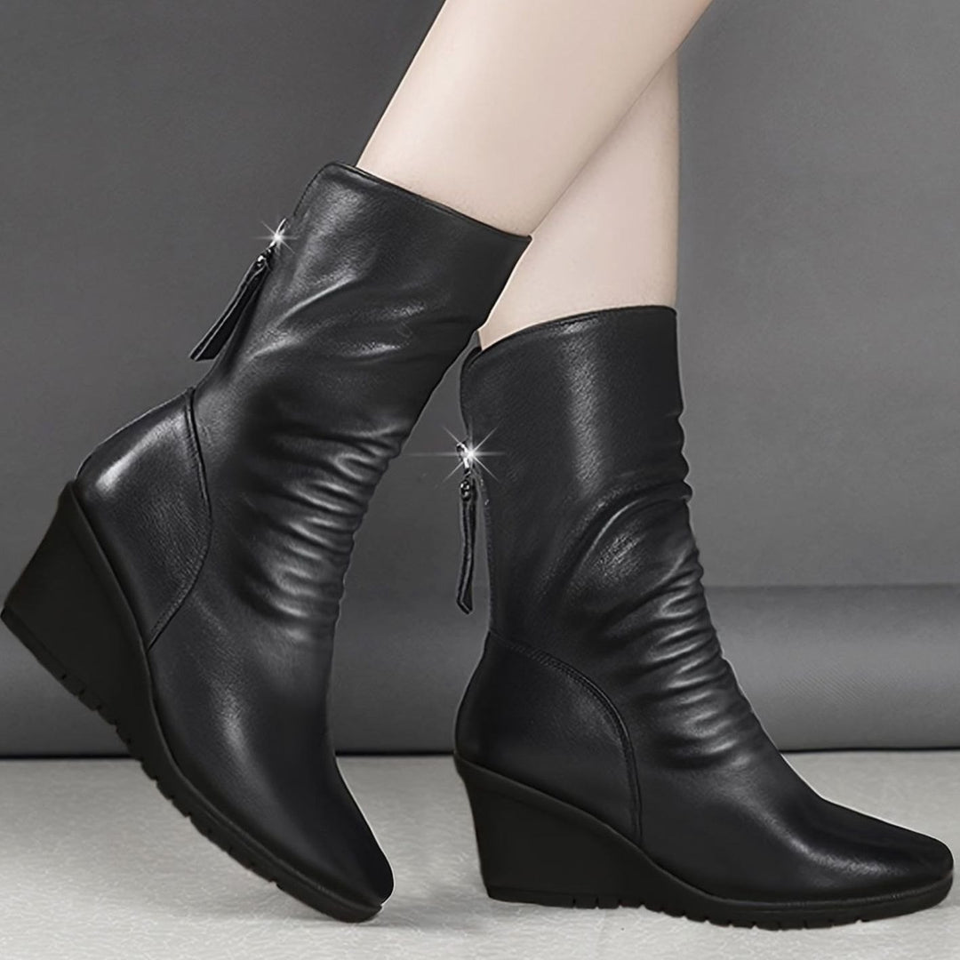 Women's Wedge Mid-Calf Boots Ruched Side-Zip Tassel Detail - Black