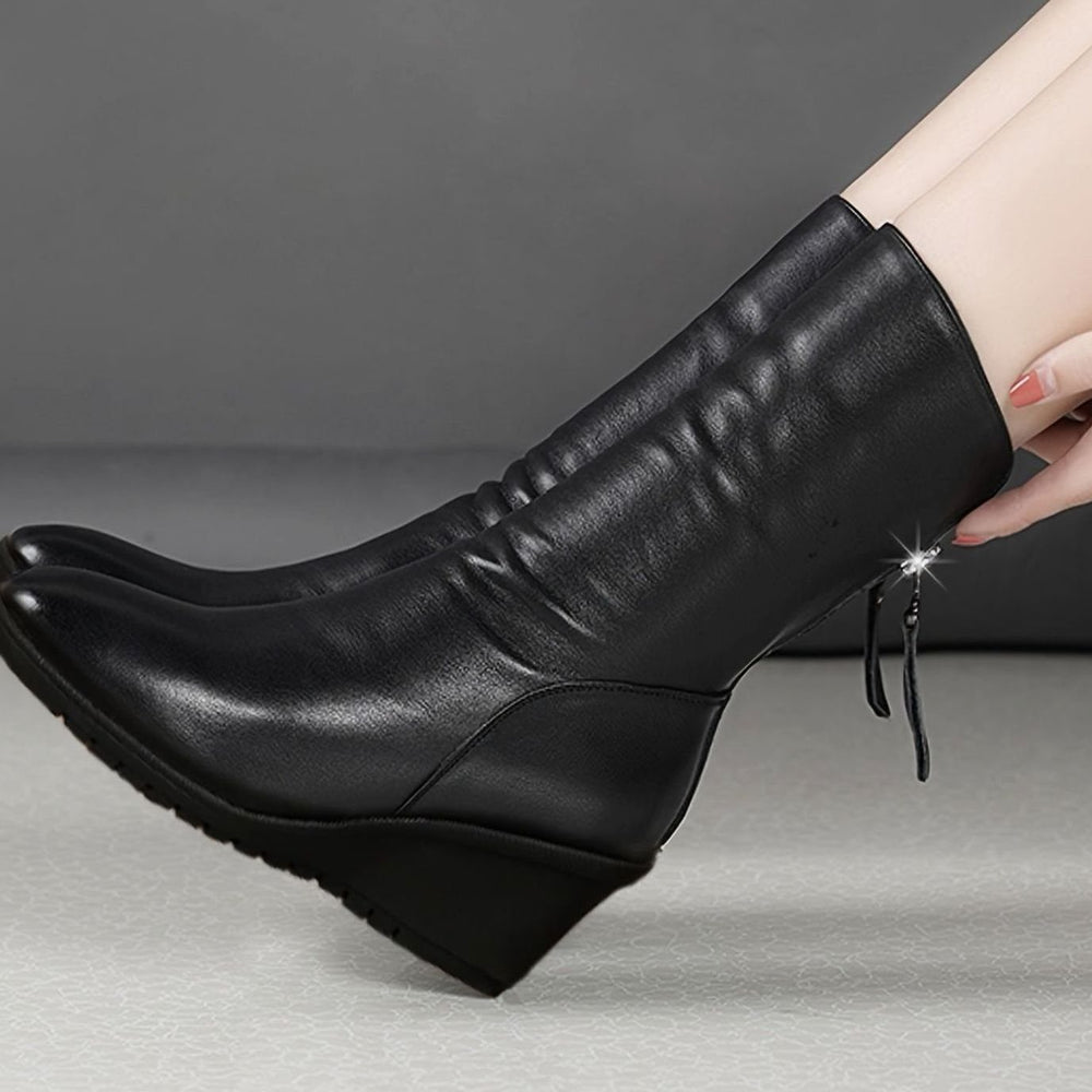 Women's Wedge Mid-Calf Boots Ruched Side-Zip Tassel Detail