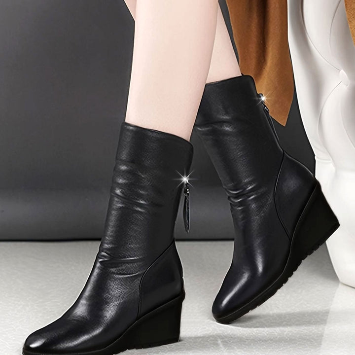 Women's Wedge Mid-Calf Boots Ruched Side-Zip Tassel Detail