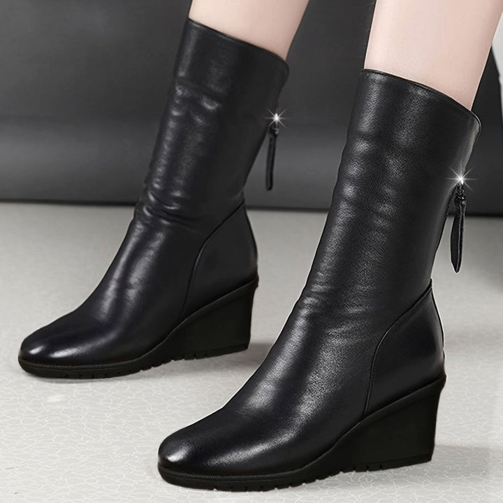 Women's Wedge Mid-Calf Boots Ruched Side-Zip Tassel Detail