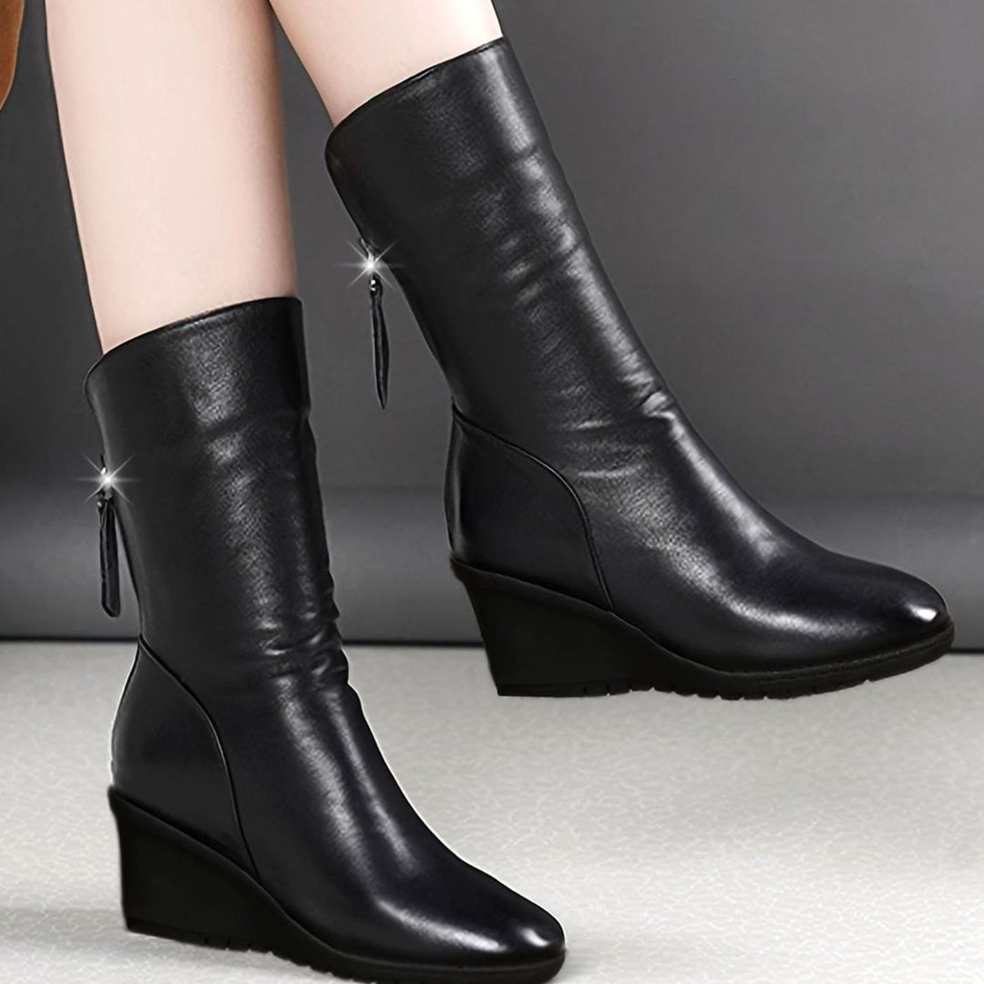 Women's Wedge Mid-Calf Boots Ruched Side-Zip Tassel Detail