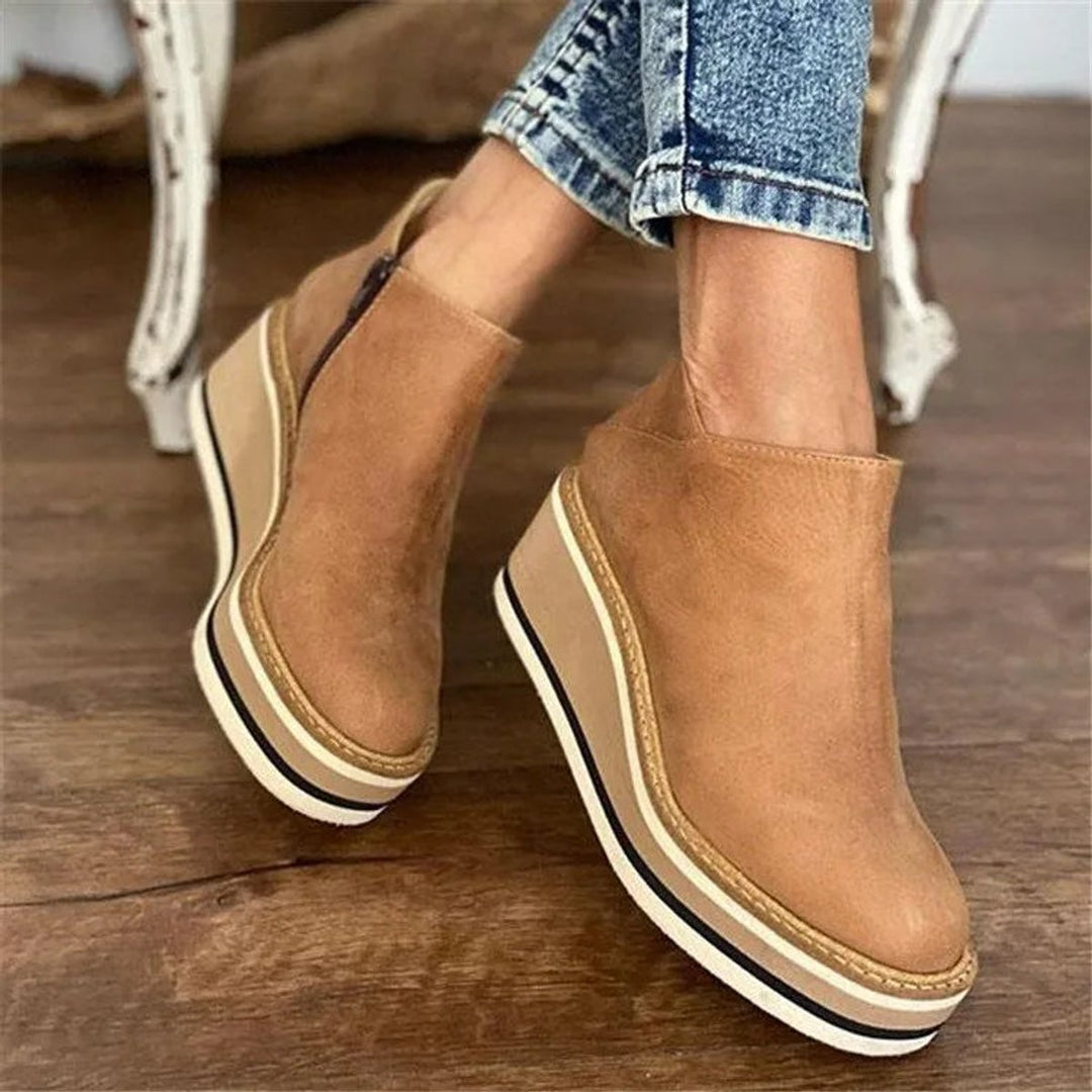 Women's Wedge Platform Zip-Up Ankle Boots Round Toe - Beige