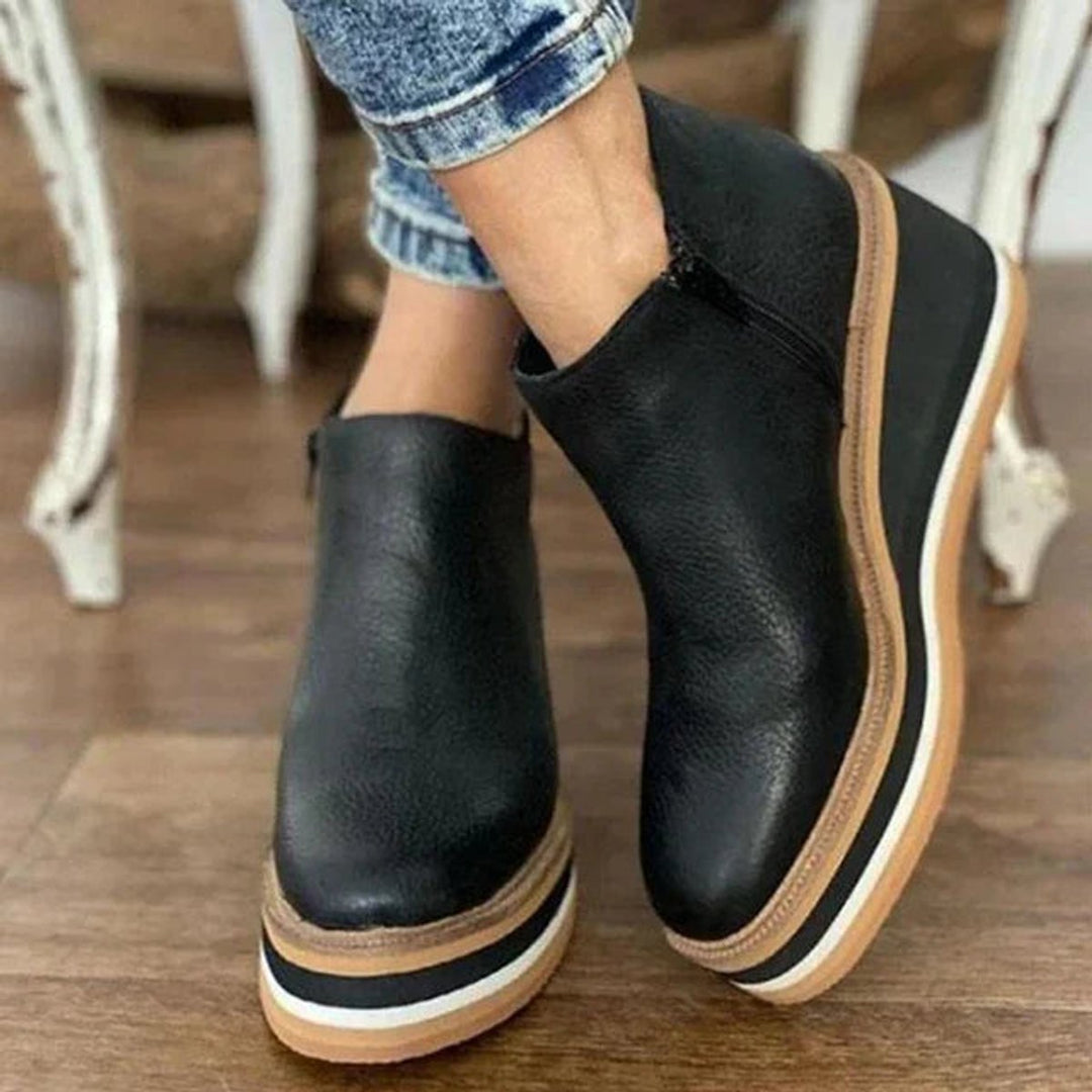 Women's Wedge Platform Zip-Up Ankle Boots Round Toe - Black