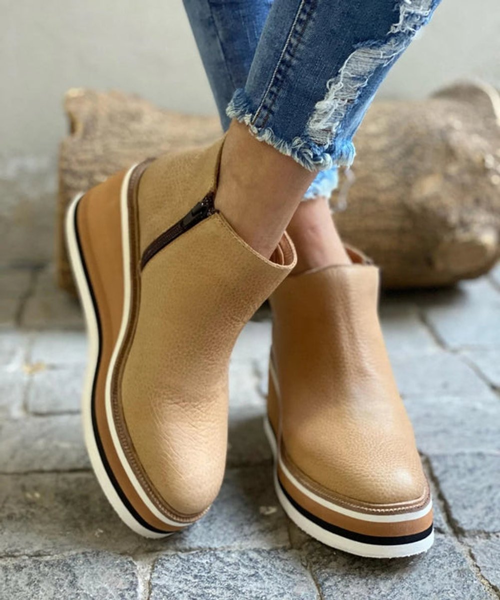 Women's Wedge Platform Zip-Up Ankle Boots Round Toe - Khaki