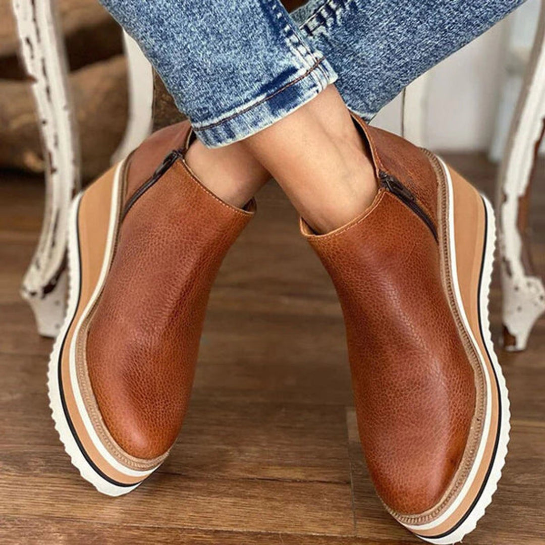 Women's Wedge Platform Zip-Up Ankle Boots Round Toe - Dark Brown