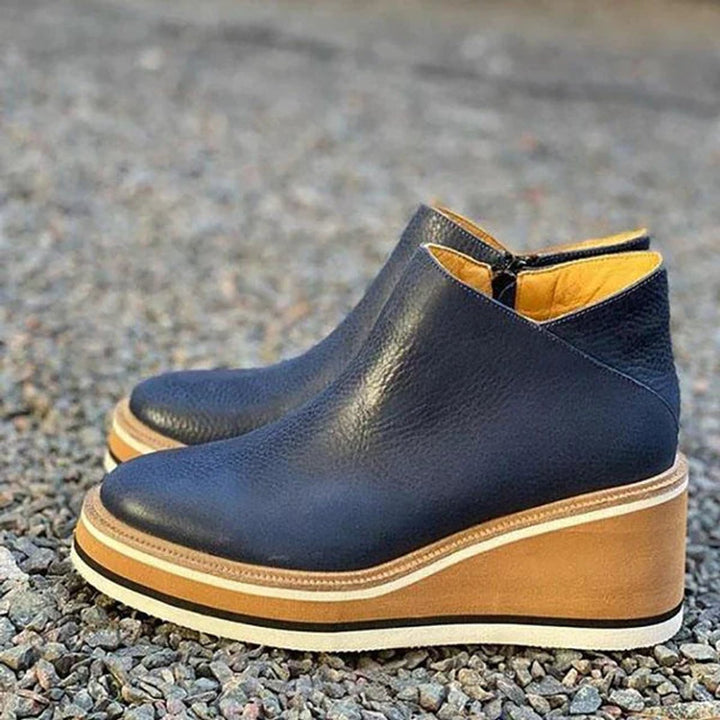 Women's Wedge Platform Zip-Up Ankle Boots Round Toe - Dark Navy