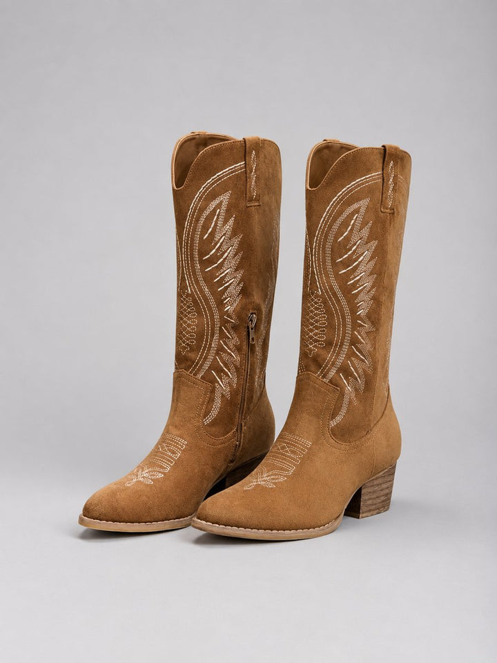 Women's Western Embroidered Suede Knee-High Ankle Boots - Brown