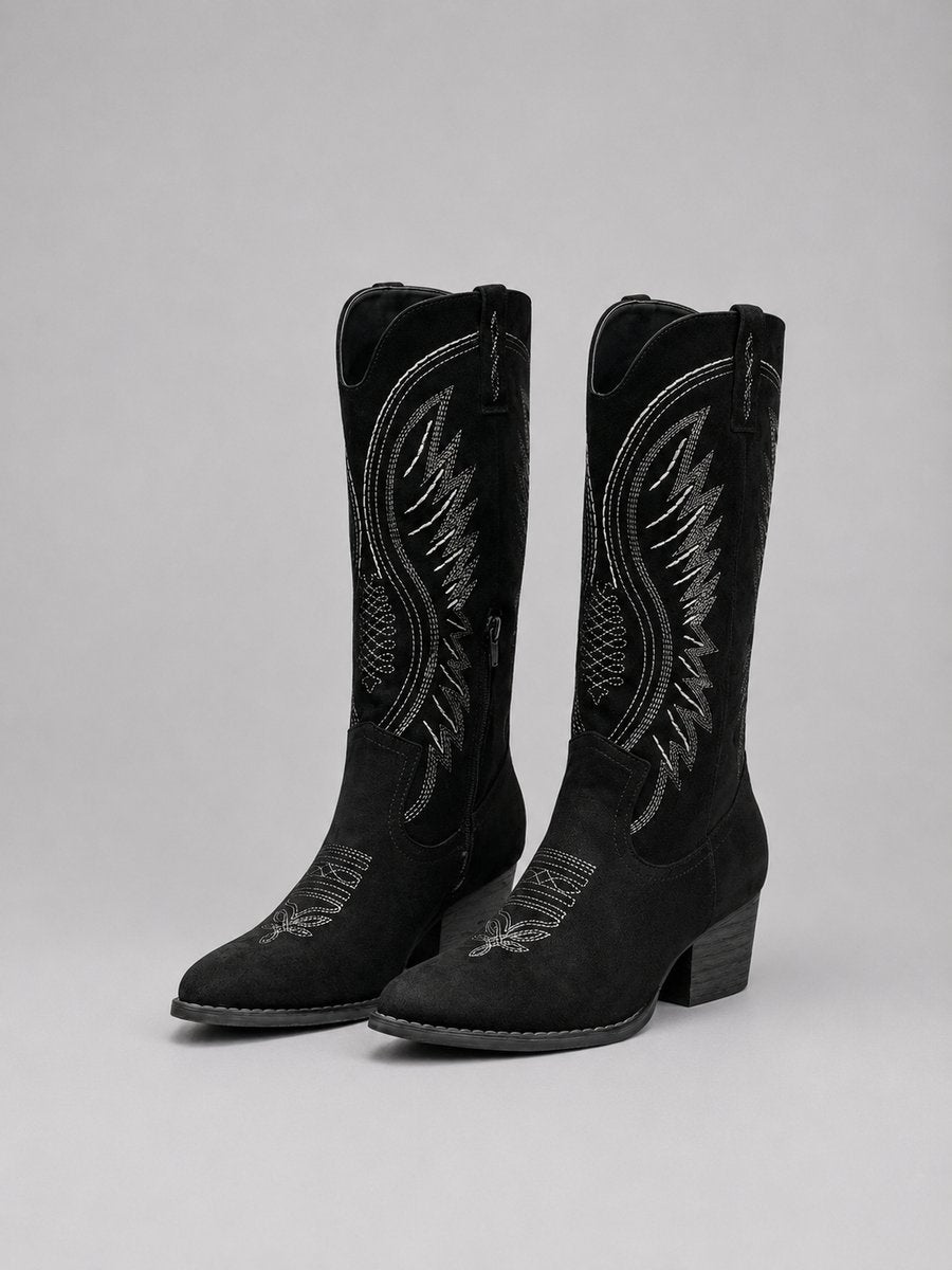 Women's Western Embroidered Suede Knee-High Ankle Boots - Black