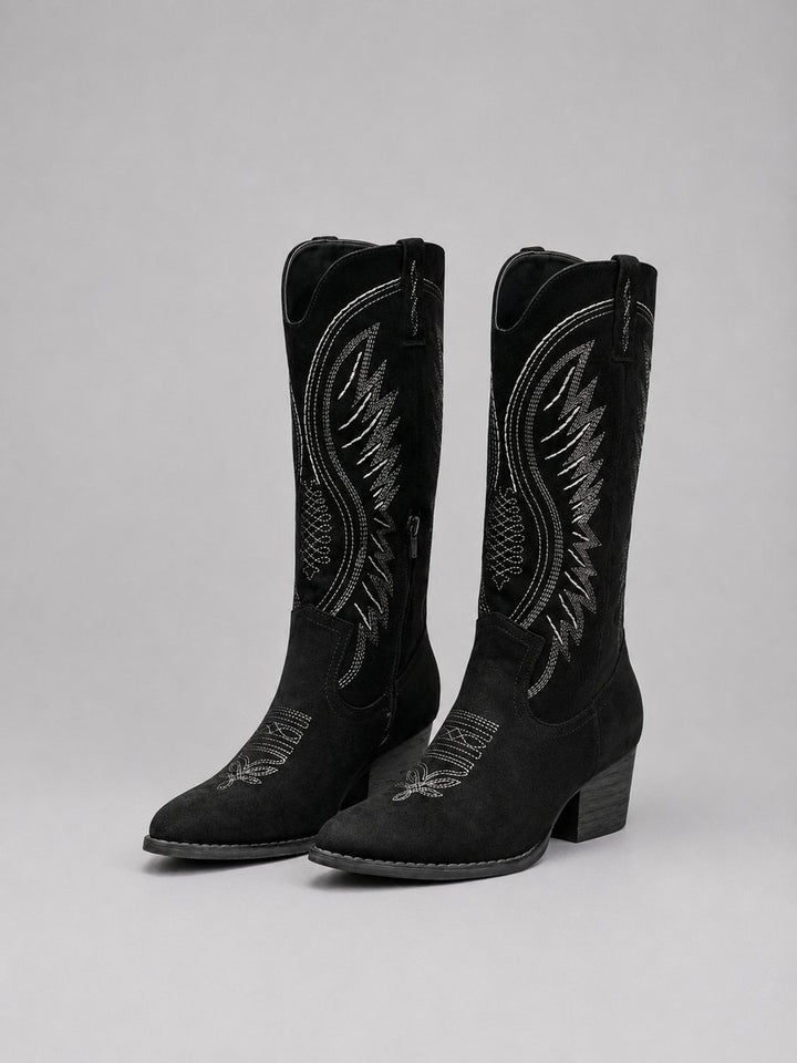 Women's Western Embroidered Suede Knee-High Ankle Boots - Black