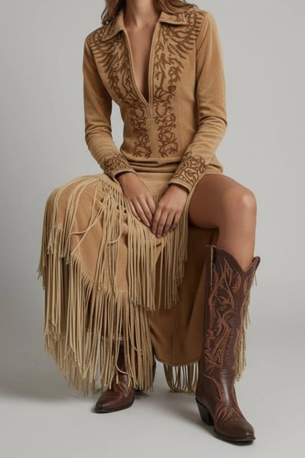 Women's Western Fringe Long-Sleeve Evening Gown Maxi Dress - Light brown