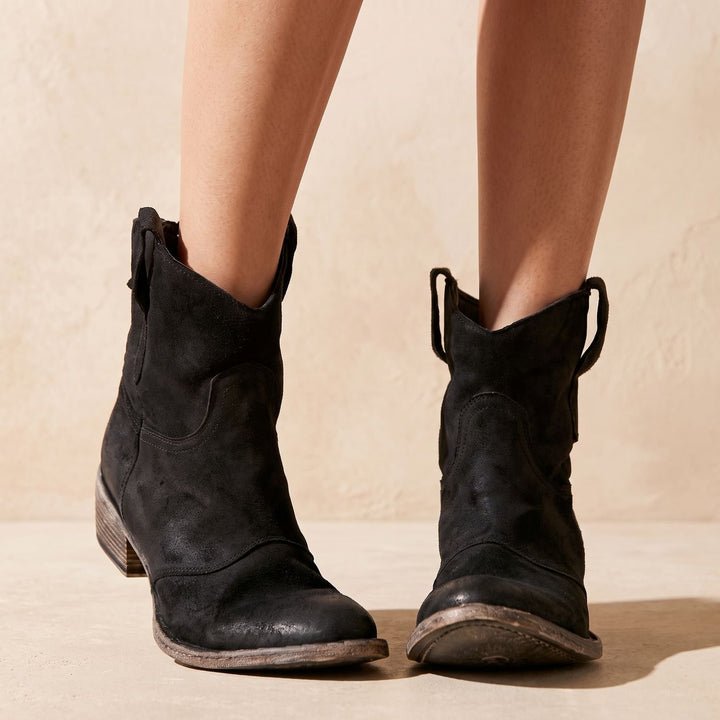 Women's Western-Inspired Suede Pull-On Ankle Boots - Black