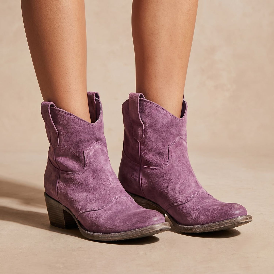 Women's Western-Inspired Suede Pull-On Ankle Boots - Pink