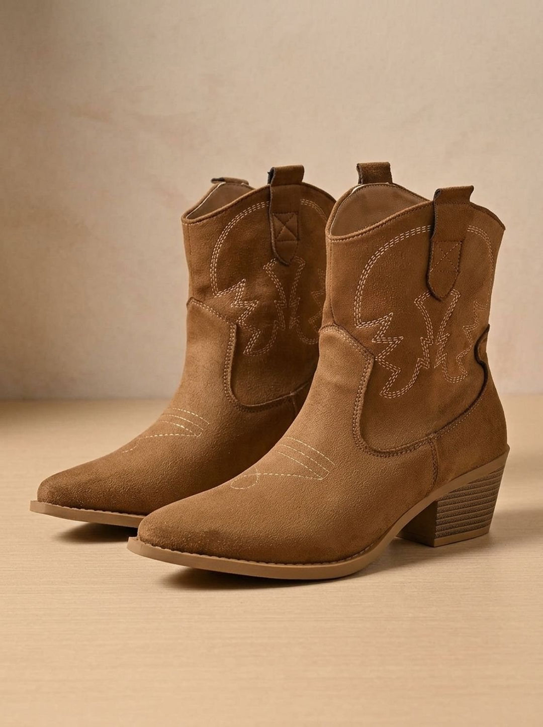 Women's Wide-Calf Embroidered Slip-On Western Cowboy Boots - Light Brown