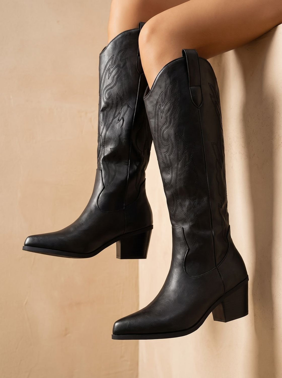 Women's Wide-Calf Knee-High Embroidered Western Cowboy Boots - Black
